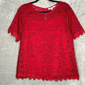 Lynn Ryan 1X Shirt‎ Top Red Floral Lace Short Sleeve Round Neck Button Back